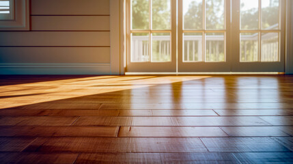 Wall Mural - Empty room with wooden floor and sliding glass door in the background.