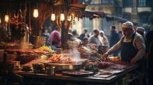 Plates Of Kebabs And Borek In A Lively Turkish Bazaar