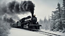 Steam Train In The Snow, A Steam Train That Emits White Steam As It Rides Through A Frosty Forest. The Train Is Black  