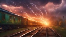 train at sunset, lightning striking the railway tracks