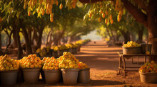 Inviting Mango Orchard With Piles Of Ripe Indian Mangoes
