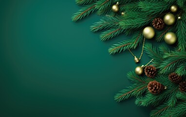 Christmas branches and decorations on warm green background, space for copy