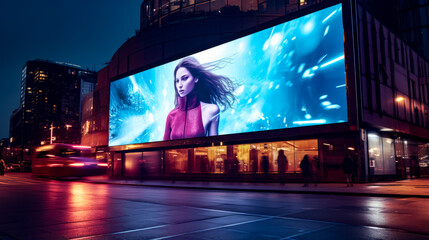 Sticker - Large billboard on the side of building with woman on it.