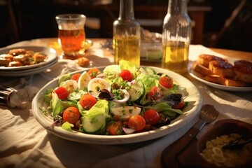 Salad with Beer on Table