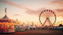 A Timeless Vintage Fairground, Complete With A Ferris Wheel, Cotton Candy, And Colorful Bunting Against A Sunset Sky.