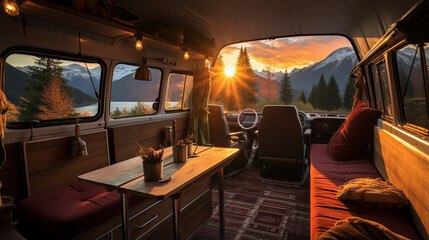 Wall Mural - camper van on the beach in sunset.