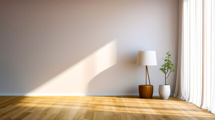 Wall Mural - Empty room with lamp and potted plant on the floor.