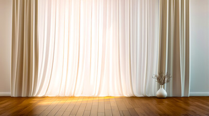 Wall Mural - White vase sitting on top of wooden floor next to white curtain.