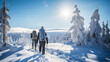 Hikers with backpacks and snowshoes walking in winter mountains