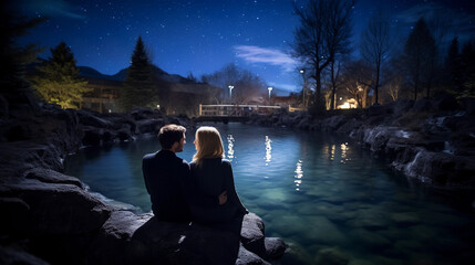 Wall Mural - Couples enjoying a romantic moment in a secluded thermal spring, under a starry night sky