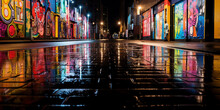 Wall Of Colorful Wheatpaste Street Art, Reflections In Puddles After Rain, Neon Signs From Nearby Shops