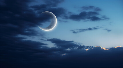 Wall Mural - waxing crescent moon hanging low in the twilight sky, clouds drifting gently