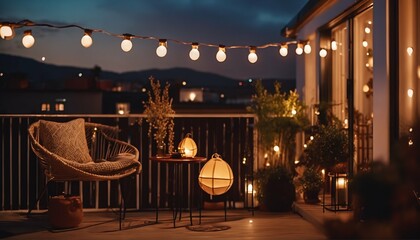 Wall Mural - Autumn evening on beautiful house roof terrace with cozy outdoor string lights and lanterns