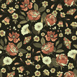Vintage floral seamless pattern. Blooming dark flowers, Victorian wildflowers with moth