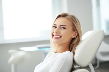 Wall Mural - A smiling woman sitting in a white dentist's chair