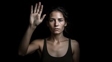 Close Up Of Woman Showing Stop Gesture With Hand Raising Up On Black Background, Young Female Protesting Against Domestic Violence And Abuse, Bullying, Saying No To Gender Discrimination 
