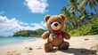 A teddy bear wearing a Hawaiian lei, standing on a sandy beach with palm trees swaying in the breeze. The bear's expression is one of relaxation and enjoyment.