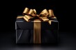 Gift box and golden ribbon on black. Black friday sale concept. Banner