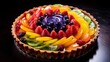 Focus on the intricate details of a rainbow-hued fruit tart, glazed to perfection.