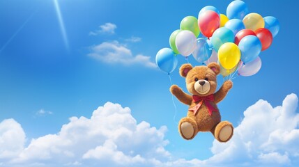 Wall Mural - A teddy bear holding a bouquet of brightly colored balloons, floating in a clear, blue sky. The bear's expression is one of pure joy and celebration.