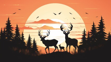 Wall Mural - Silhouette of a deer family as an illustration