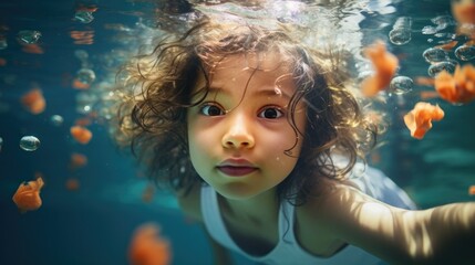 Canvas Print - A little girl swimming under water with bubbles. Generative AI.