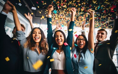 Office young workers standing happy with hands up and confetti falling