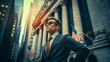 Young man in suits standing by the wall street new york city stock exchanges