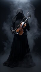 A mystical figure in a black robe plays the evil music of death on a violin.