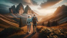 Elderly Couple In Love Holding Hands And Hiking Trough Scenic Nature, Active Seniors Concept, Healthy Lifestyle Background 