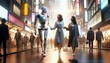 Humans and robots concept background, women walking with Robot in the city streets, artificial intelligence connection with people 