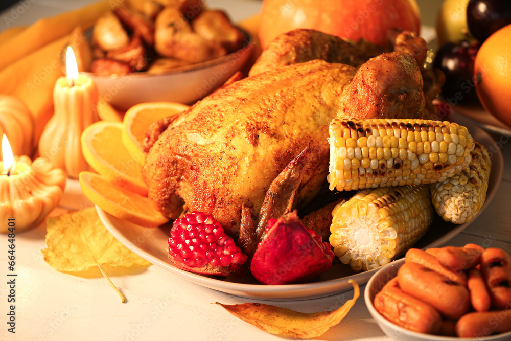 Festive dishes for Thanksgiving Day on white wooden table, closeup