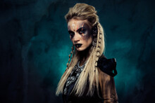 Photo Of Dangerous Powerful Shield Maiden Tribal Queen Demonic Viking Ready For Fierce War Over Dark Mist Background