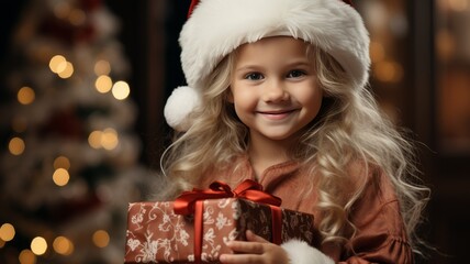 Wall Mural - Happy toddler with Christmas present