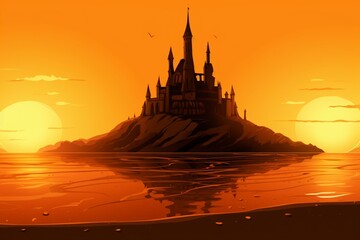 Illustration of a sand castle against a sunset. Generative AI