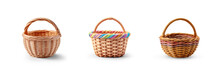 Set Of Straw Wicker Classic Retro Basket For Home Bread And Food Or Decoration And Picnic Concepts, Empty Colorful Stylish Basket Set With Isolated Transparent Png Background