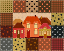 Seamless Digital Illustration Of A Patchwork Frame With Square Patches With Flowers, Polka Dots And Hearts, And Five Cute Village Houses, Stitched With Yellow Color Thread
