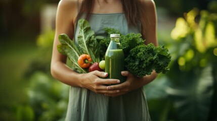 A mother presenting a blank green organic juice bottle near fresh green veggies