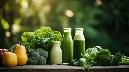 Wall Mural - a blank green organic juice bottle near fresh green veggies