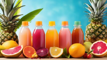 Wall Mural - Blank vibrant juice bottles amidst a spread of tropical fruits