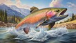 A high-definition capture of a gracefully arching rainbow trout leaping out of a pristine mountain stream.