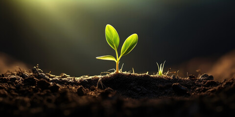 Wall Mural - A tiny green sprout emerges, surrounded by a sunlit forest's blurred backdrop.