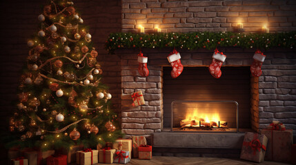 Sticker - Christmas Tree with Decorations Near a Fireplace with Lights. generative ai