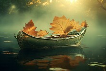 An Enchanting Leaf Boat Floating On The Water. Generative AI
