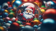 Santa Claus In A Transparent Ball In A Pile Of Colorful Smaller Balls As A Real Picture Of The Coming Holidays