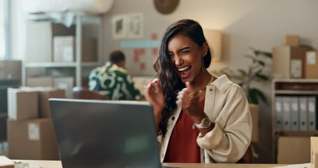 Sticker - Happy woman, laptop and fist pump in celebration, winning or sale for logistics at retail boutique. Excited female person or small business owner in success for online purchase, order or deal at shop