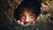 a boy peeking out from hole.