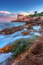 Beautiful Seascape With Ancient Boccale Castle At Sunrise, Livorno, Tuscany, Italy