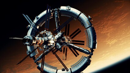 Wall Mural - New space station orbiting red planet. 4K. 3D Animation.