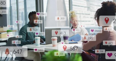 Sticker - Animation of multiple notification bars over diverse coworkers discussing reports in cafes